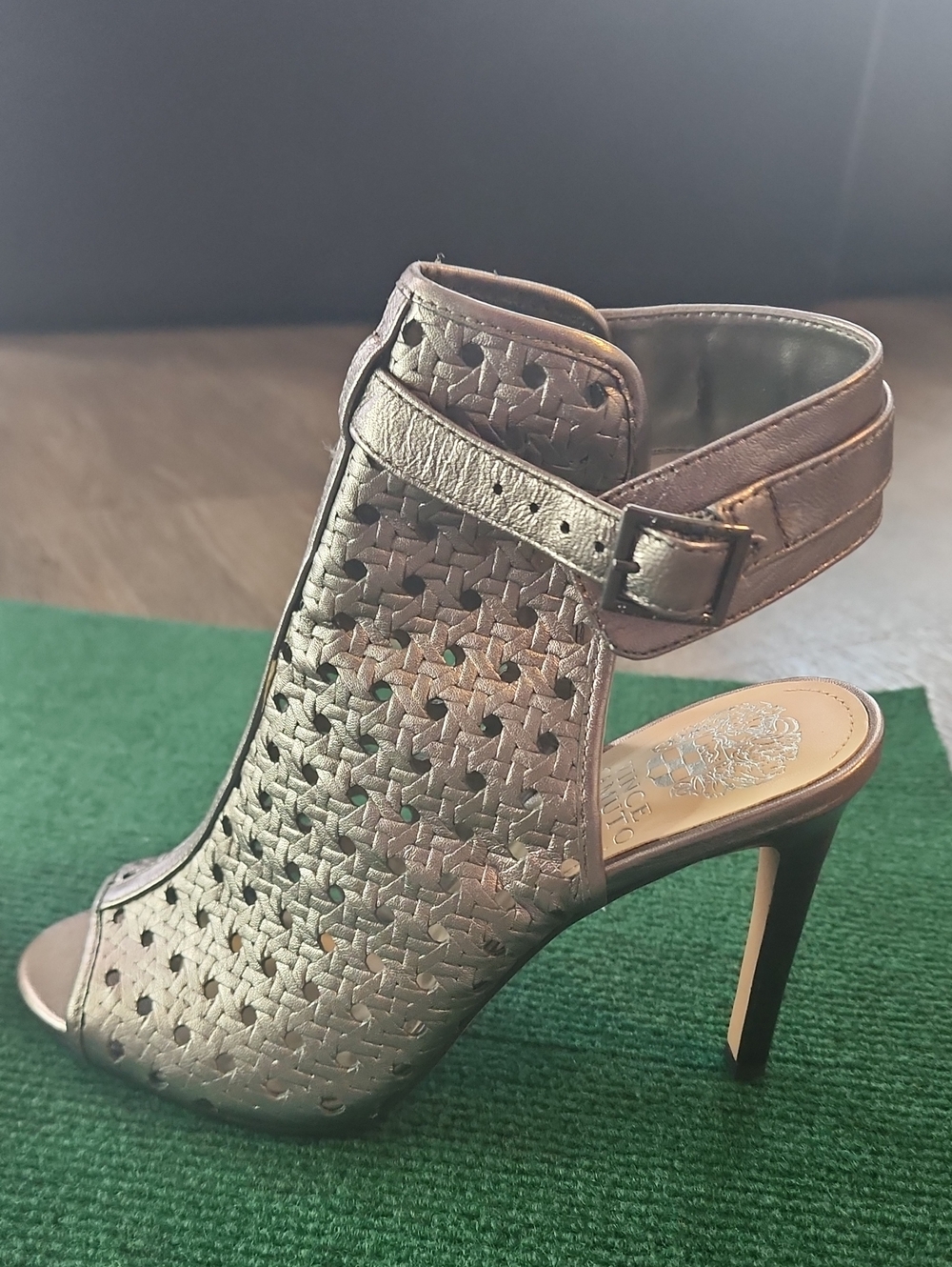 Vince Camuto Women’s Metallic Silver Peep-Toe Heels with Woven Detail